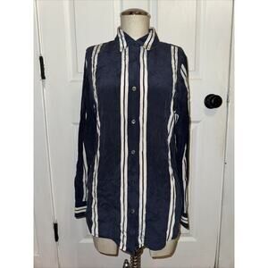 Frances Austen Vertical Stripe Navy Cream‎ 100% Silk Blouse Size M